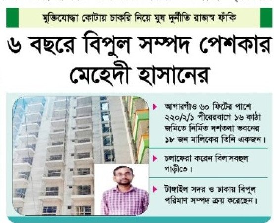 মুক্তিযোদ্ধা কোটায় চাকরি নিয়ে ঘুষ দুর্নীতি রাজস্ব ফাঁকি দিয়ে ৬ বছরে বিপুল পরিমাণ সম্পদ অর্জনের অভিযোগ পেশকার মেহেদী হাসানের বিরুদ্ধে